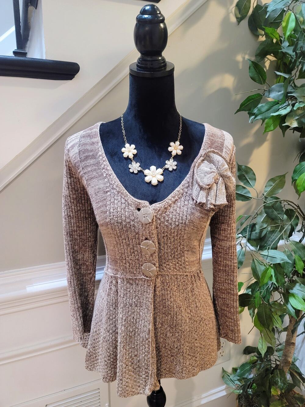 New Directions Cardigan Sweater Women's SZ XL Brown Button Front Deep V-Neck